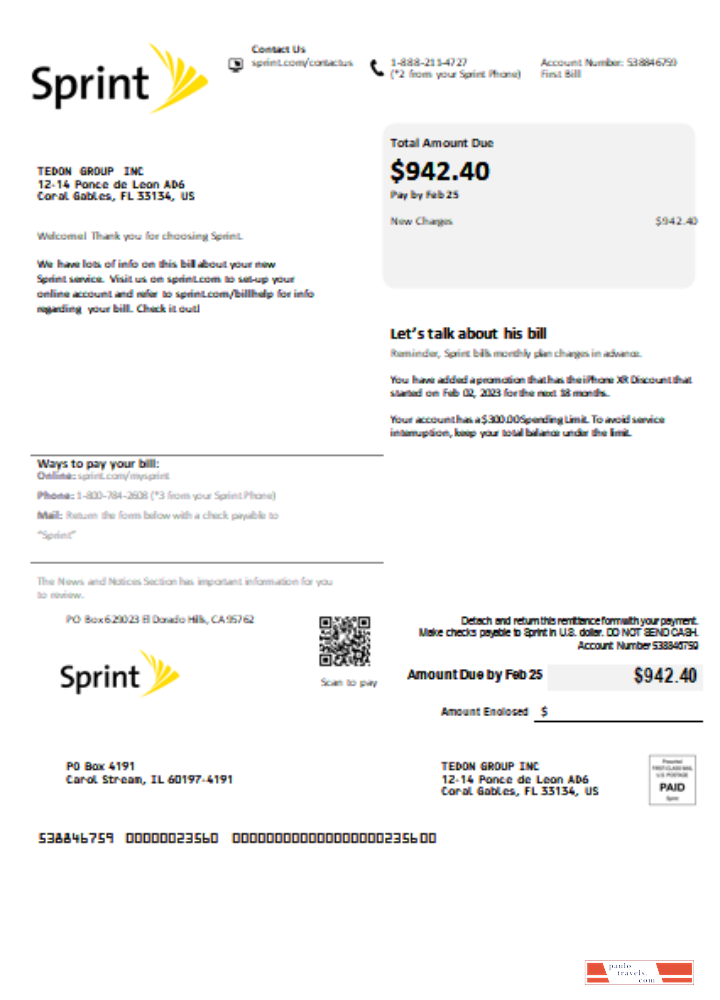 Sprint (T Mobile) utility business bill,  SCR PSD template